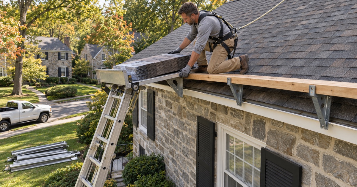 A roofer guiding a shingle bundle off a ladder hoist at the eave of a stone house in Lower Merion Township.