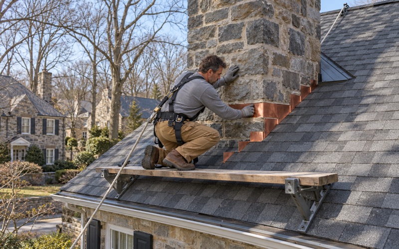 New counter flashing set into a cut mortar joint on the stone chimney of a 1920s colonial in Haverford, Lower Merion Township.