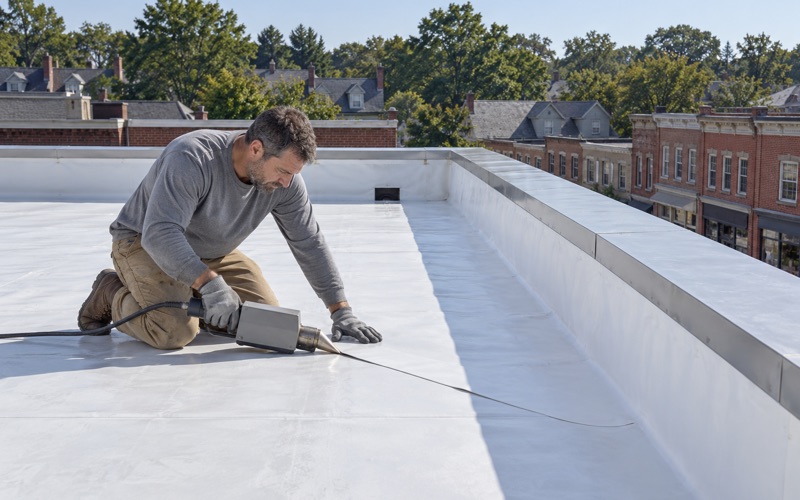 A roofer welding a TPO seam on the flat roof of a two-story brick commercial building in Ardmore, Lower Merion Township.