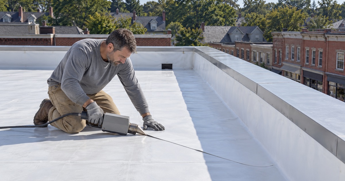 A roofer welding a TPO seam on the flat roof of a two-story brick commercial building in Ardmore, Lower Merion Township.