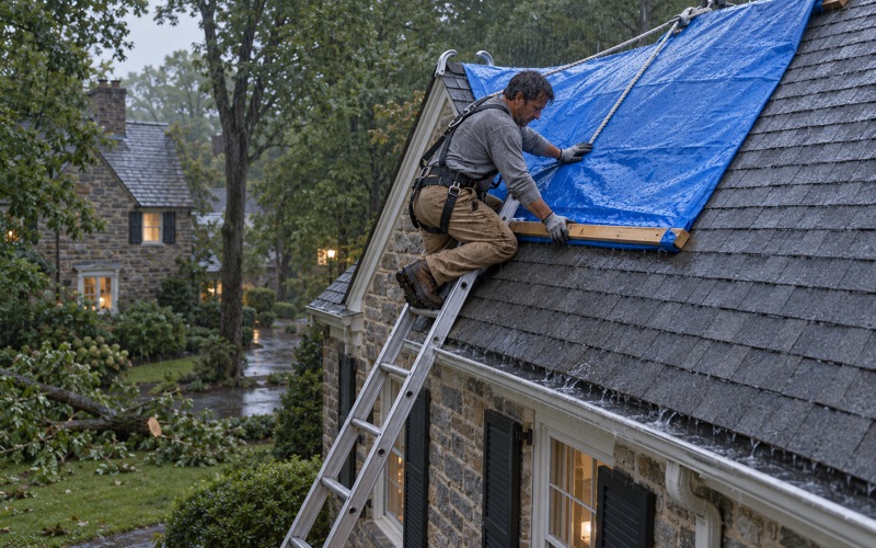 A roofer fastening a tarp over the ridge in steady rain on a 1920s stone house in Wynnewood, Lower Merion Township, after a branch came through the roof.