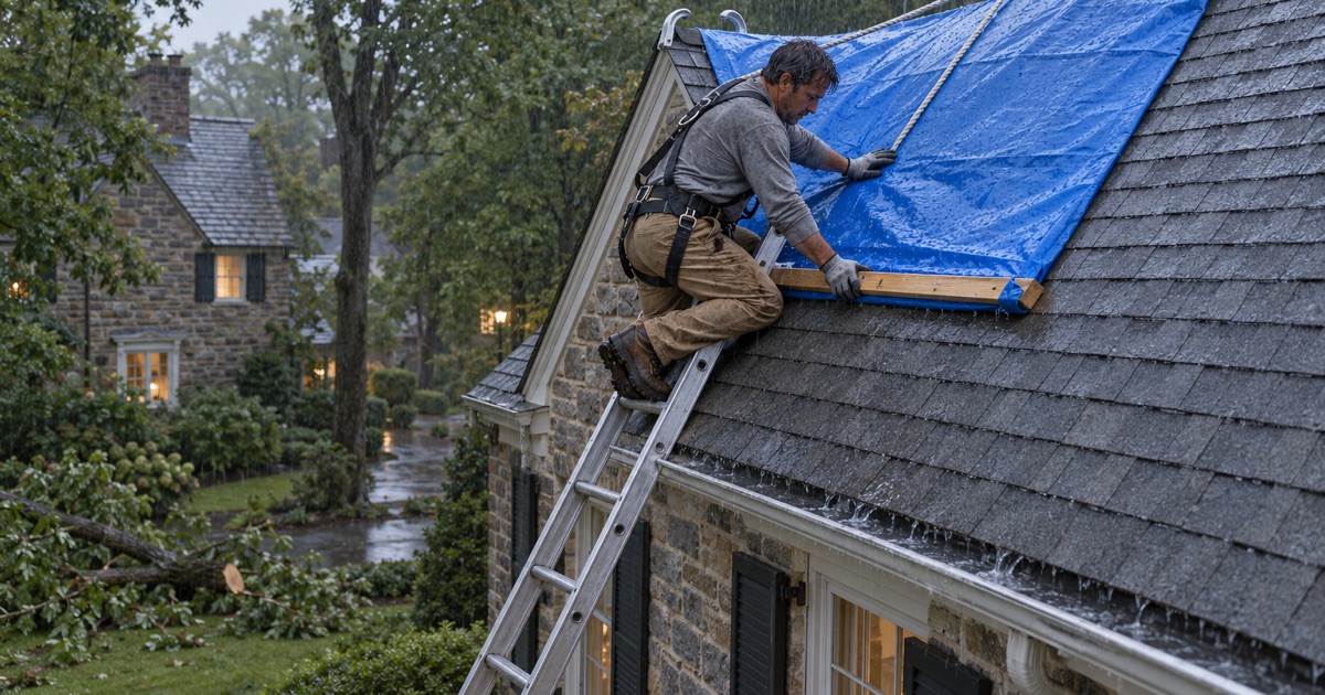 A roofer fastening a tarp over the ridge in steady rain on a 1920s stone house in Wynnewood, Lower Merion Township, after a branch came through the roof.