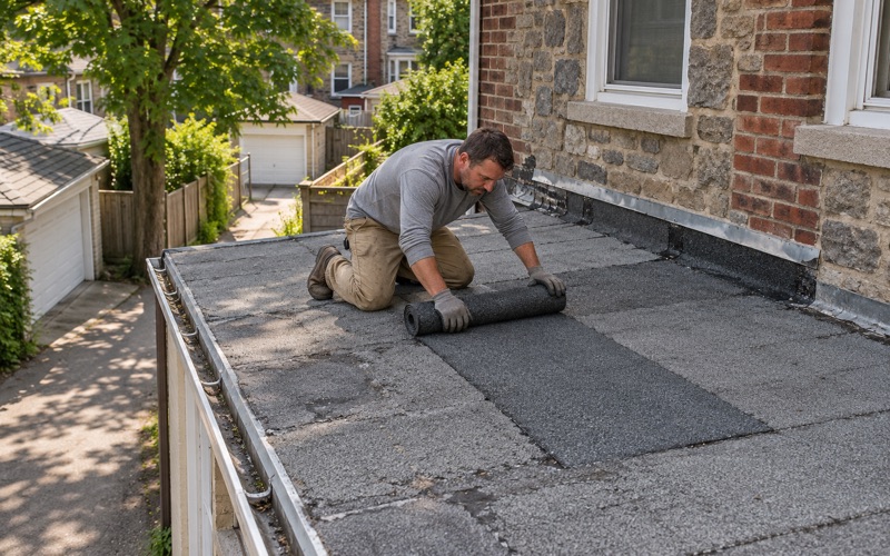 A modified bitumen patch going down on the flat roof of a rear kitchen extension on an Ardmore twin, Lower Merion Township.