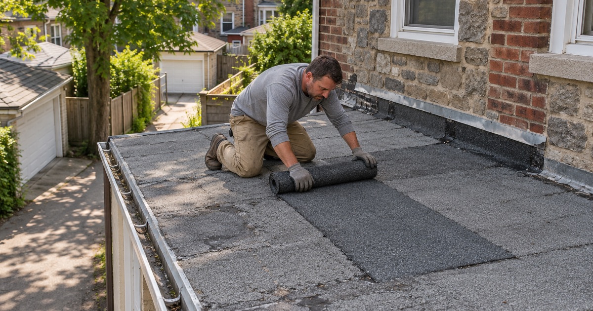 A modified bitumen patch going down on the flat roof of a rear kitchen extension on an Ardmore twin, Lower Merion Township.