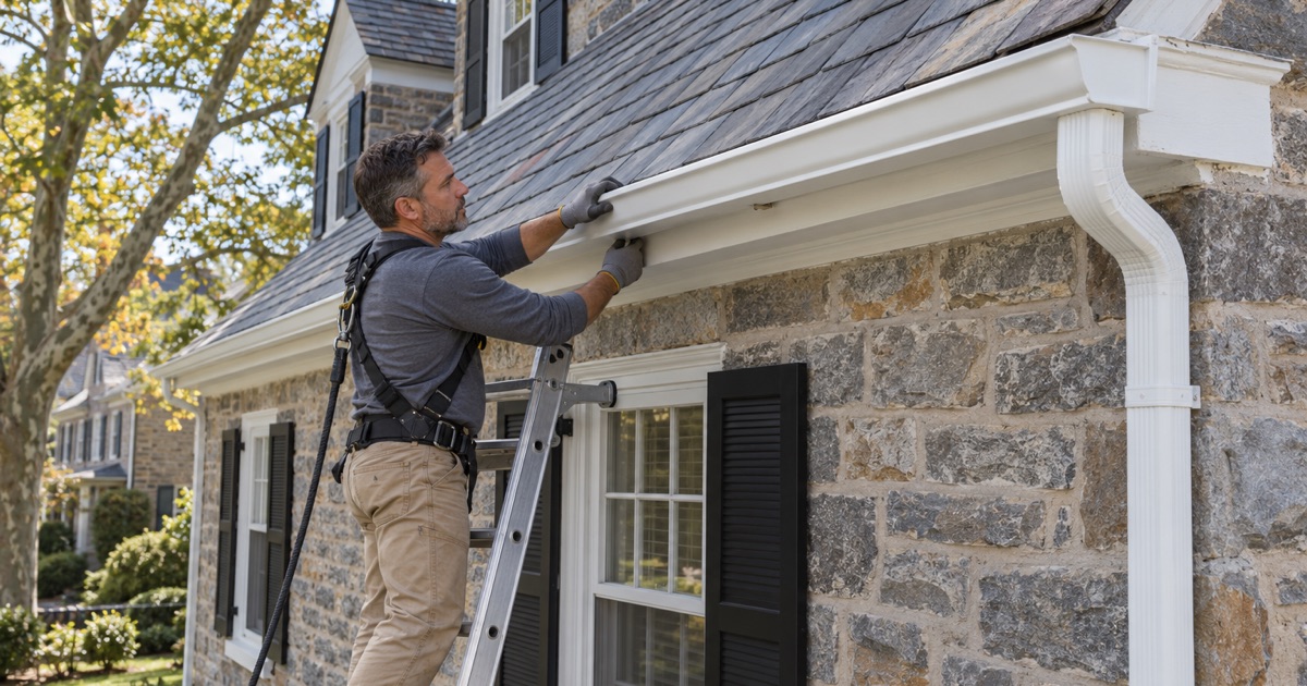 A seamless aluminum gutter being set into its hidden hangers along the eave of a stone house in Bryn Mawr, Lower Merion Township.