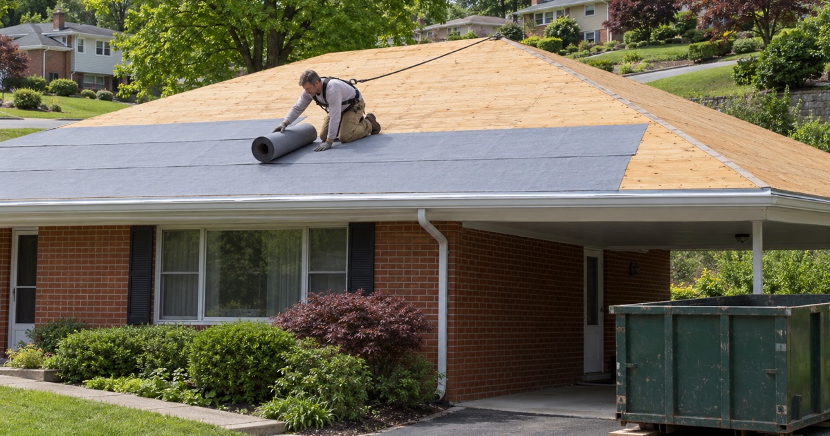 Underlayment going down over a stripped deck on a 1950s brick ranch in Belmont Hills, Lower Merion Township, after both old layers came off.