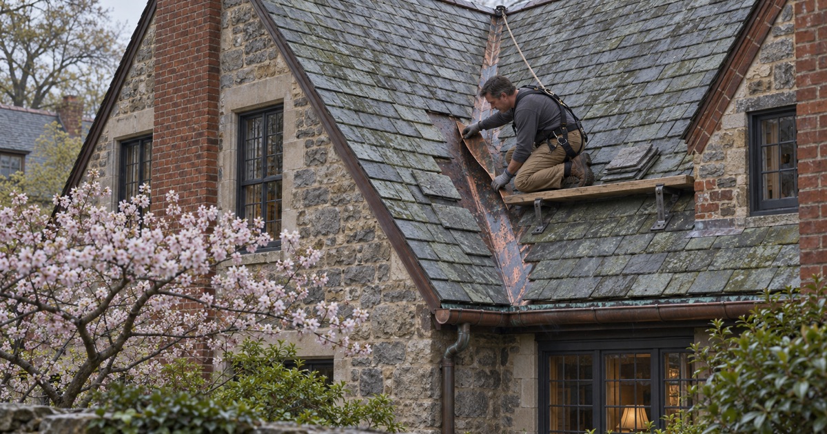 A roofer opening a leaking valley on the slate roof of a 1920s Tudor Revival house in Bryn Mawr, Lower Merion Township.