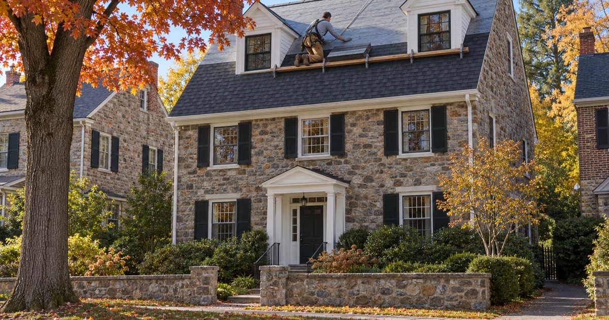A roofer moving a bundle of shingles along the toe board on the new roof of a 1920s fieldstone colonial in Ardmore, Lower Merion Township.