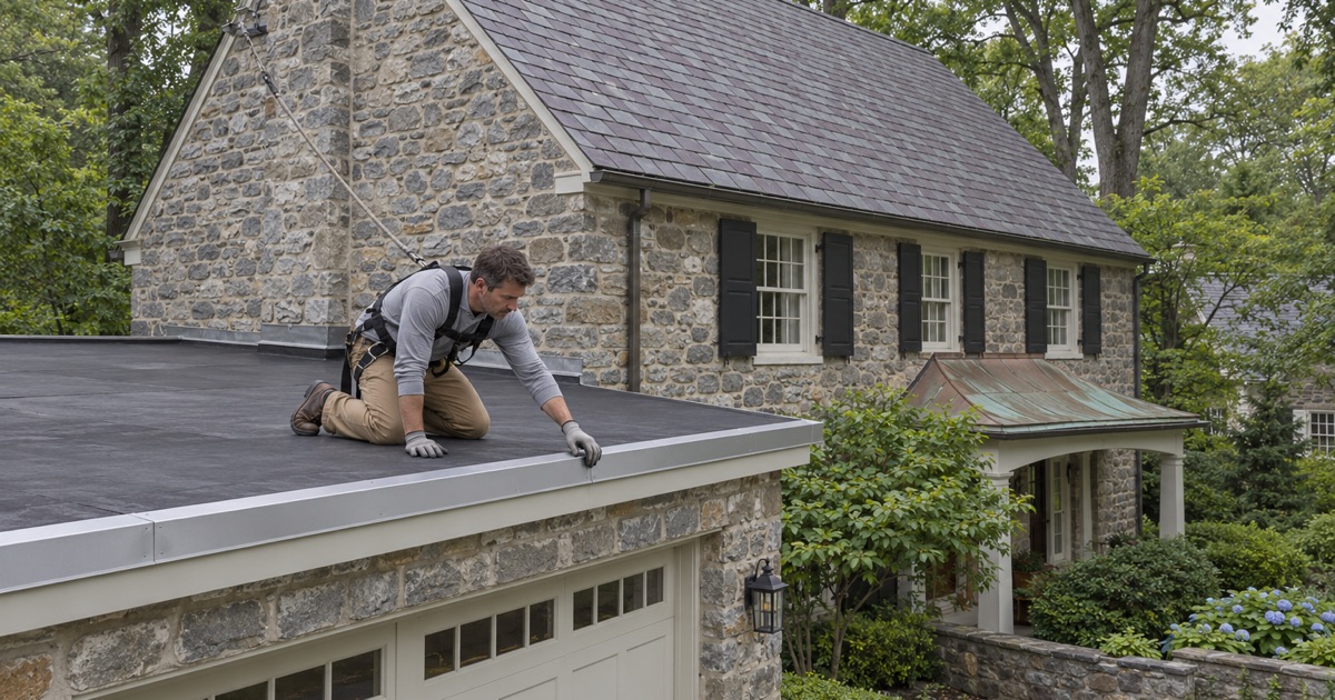 A slate main roof, a copper porch roof and a flat roof over the garage wing on one stone house in Gladwyne, Lower Merion Township.