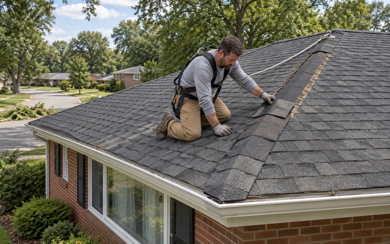 A roofer replacing hip shingles torn off by wind on a 1950s brick ranch in Penn Valley, Lower Merion Township.