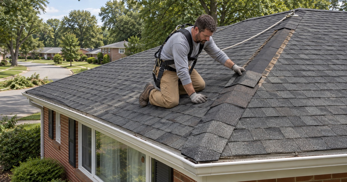 A roofer replacing hip shingles torn off by wind on a 1950s brick ranch in Penn Valley, Lower Merion Township.