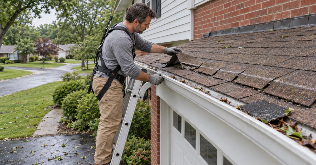 A roofer checking wind-creased shingles along the eave of a Penn Valley split-level, Lower Merion Township, the morning after a summer storm.